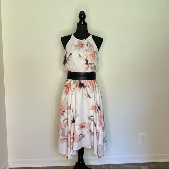 White House Black Market Dresses & Skirts - White House Black Market, Floral, Halter Top Dress, With Black Wrap-Tie Belt
